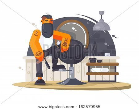 Stylish man bearded barber hipster in beauty salon. Vector illustration