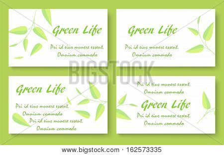 Green tea business card template set. Stock vector illustration with plant leaves for company identity