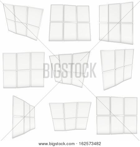 Blank Fold Up Banner Stands Set. Trade show booth white and blank. 3d render illustration isolated on white background. Template mockup for your design.