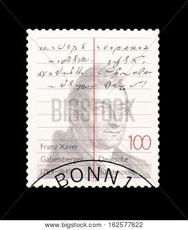 GERMANY - CIRCA 1989 : Cancelled postage stamp printed by Germany, that shows Franz Xaver Gabelsberger.