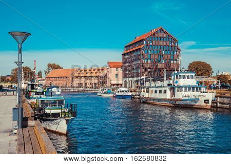 Lithuania, Klaipeda - July 20, 2016: Ships And Boats On Dane River In Oldtown  Of Klaipeda. Lithuani