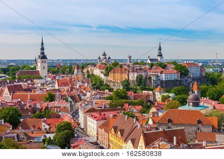 View From Tower Of St Olaf Church Of Old City Of Tallinn And Roofs Old Houses. Tallinn, Estonia.