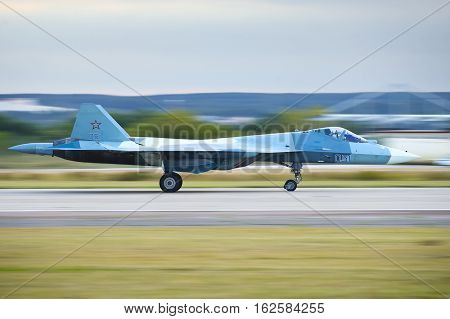 Zhukovskiy,Moscow Region, Russia - August 27,2015: PAK FA's (T-50) landing roll-out.