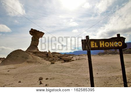 Long shot of the stone formation el Hongo in the nature reserve Ischigualasto also called Valle de la Luna in the area San Juan in Argentina South America