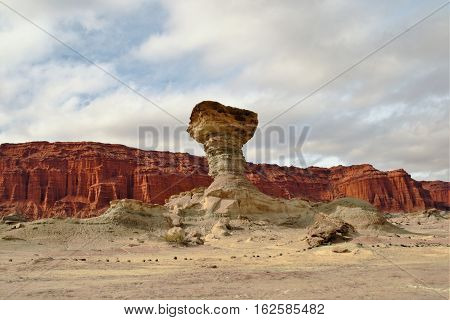 Long shot of the stone formation el Hongo in the nature reserve Ischigualasto also called Valle de la Luna in the area San Juan in Argentina South America
