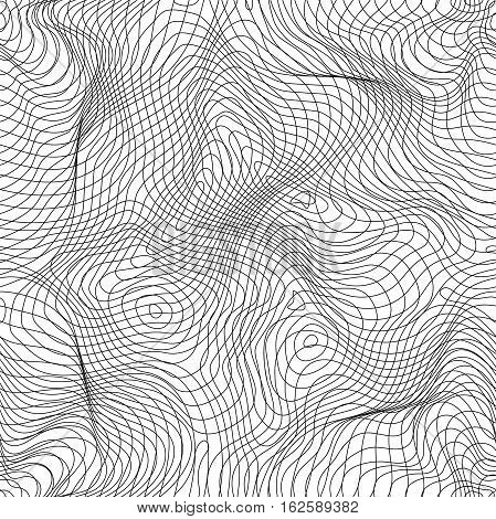 Vector monochrome seamless pattern, curved lines, black & white background. Abstract dynamical rippled surface, visual halftone 3D effect, illusion of movement. Design for prints, digital, decoration, textile, furniture, web