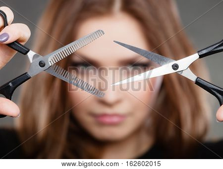 Professional Elegant Female Barber With Scissors.