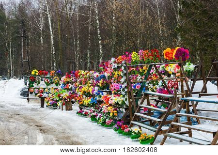 Sale Of Artificial Flowers And Wreaths At The City Cemetery Office, March 5, 2016.