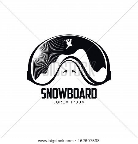 Black and white graphic mountain skiing goggles logo, vector illustration on white background. Mounting skiing logo design with skis, mountains and helicopter reflected in goggles, mask, glasses