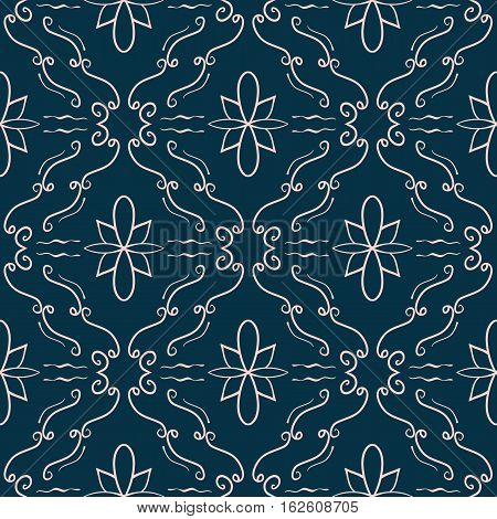 Elegant flourish seamless pattern. Pale pink curved lines on dark blue background. Ornate texture for website backgrounds banners and posters. Vector. Made using clipping mask