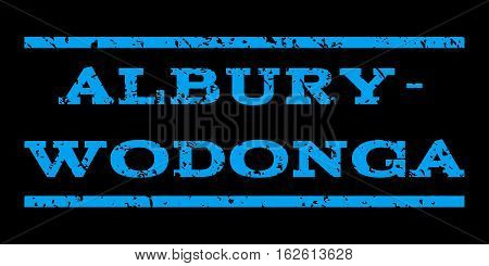 Albury-Wodonga watermark stamp. Text caption between horizontal parallel lines with grunge design style. Rubber seal stamp with dirty texture. Vector blue color ink imprint on a black background.