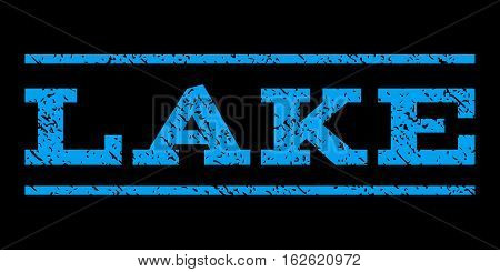 Lake watermark stamp. Text tag between horizontal parallel lines with grunge design style. Rubber seal stamp with scratched texture. Vector blue color ink imprint on a black background.