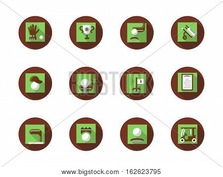 Sport and active leisure concept. Play golf elements. Equipment for golfing, holding tournaments and championships. Collection of flat brown and green style round vector icons.