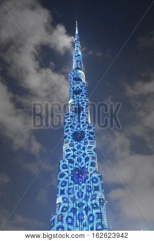 DUBAI, UAE - DEC 9: The LED lights show at Burj Khalifa in Dubai, UAE, as seen on Dec 9, 2016. The show titled Ascension, by London-based Yusuke Murakami and Tangent Design and Invention illuminated and animated the Burj Khalifa during Dubai Design Week.