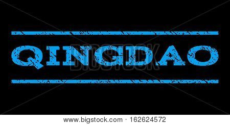 Qingdao watermark stamp. Text tag between horizontal parallel lines with grunge design style. Rubber seal stamp with unclean texture. Vector blue color ink imprint on a black background.