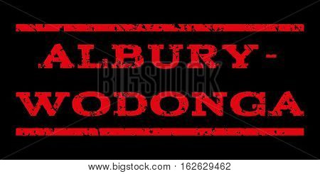 Albury-Wodonga watermark stamp. Text caption between horizontal parallel lines with grunge design style. Rubber seal stamp with dirty texture. Vector red color ink imprint on a black background.