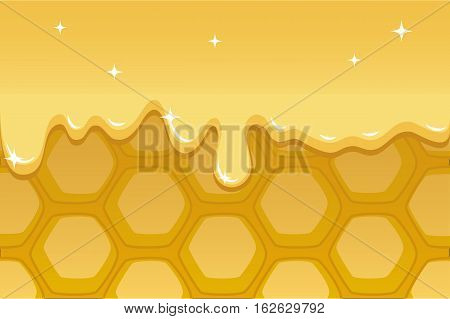 Honeycomb vector illustration for background with honey flow. Honeycomb horizontal image with text place for food package design or banner template. Honey comb background hand-drawn in cartoon style