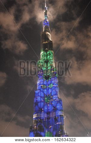 DUBAI, UAE - DEC 9: The LED lights show at Burj Khalifa in Dubai, UAE, as seen on Dec 9, 2016. The show titled Ascension, by London-based Yusuke Murakami and Tangent Design and Invention illuminated and animated the Burj Khalifa during Dubai Design Week.
