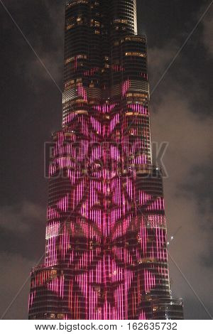 DUBAI, UAE - DEC 9: The LED lights show at Burj Khalifa in Dubai, UAE, as seen on Dec 9, 2016. The show titled Ascension, by London-based Yusuke Murakami and Tangent Design and Invention illuminated and animated the Burj Khalifa during Dubai Design Week.