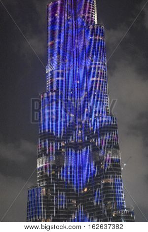 DUBAI, UAE - DEC 9: The LED lights show at Burj Khalifa in Dubai, UAE, as seen on Dec 9, 2016. The show titled Ascension, by London-based Yusuke Murakami and Tangent Design and Invention illuminated and animated the Burj Khalifa during Dubai Design Week.