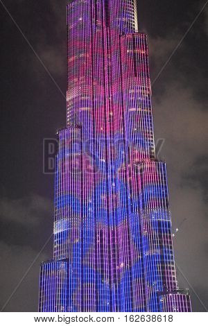 DUBAI, UAE - DEC 9: The LED lights show at Burj Khalifa in Dubai, UAE, as seen on Dec 9, 2016. The show titled Ascension, by London-based Yusuke Murakami and Tangent Design and Invention illuminated and animated the Burj Khalifa during Dubai Design Week.
