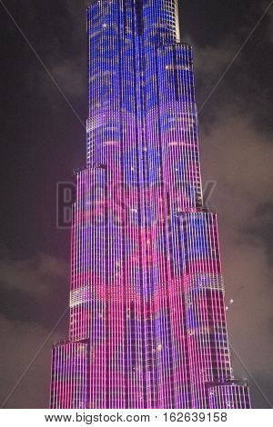 DUBAI, UAE - DEC 9: The LED lights show at Burj Khalifa in Dubai, UAE, as seen on Dec 9, 2016. The show titled Ascension, by London-based Yusuke Murakami and Tangent Design and Invention illuminated and animated the Burj Khalifa during Dubai Design Week.