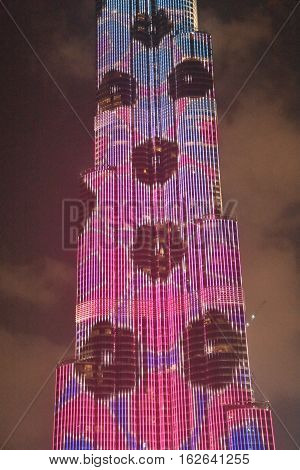 DUBAI, UAE - DEC 9: The LED lights show at Burj Khalifa in Dubai, UAE, as seen on Dec 9, 2016. The show titled Ascension, by London-based Yusuke Murakami and Tangent Design and Invention illuminated and animated the Burj Khalifa during Dubai Design Week.