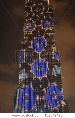 DUBAI, UAE - DEC 9: The LED lights show at Burj Khalifa in Dubai, UAE, as seen on Dec 9, 2016. The show titled Ascension, by London-based Yusuke Murakami and Tangent Design and Invention illuminated and animated the Burj Khalifa during Dubai Design Week.