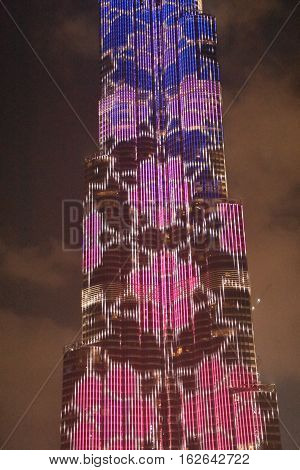 DUBAI, UAE - DEC 9: The LED lights show at Burj Khalifa in Dubai, UAE, as seen on Dec 9, 2016. The show titled Ascension, by London-based Yusuke Murakami and Tangent Design and Invention illuminated and animated the Burj Khalifa during Dubai Design Week.