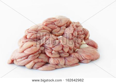 Chitterlings internal organs of pig isolated on white background.