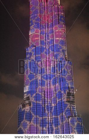 DUBAI, UAE - DEC 9: The LED lights show at Burj Khalifa in Dubai, UAE, as seen on Dec 9, 2016. The show titled Ascension, by London-based Yusuke Murakami and Tangent Design and Invention illuminated and animated the Burj Khalifa during Dubai Design Week.
