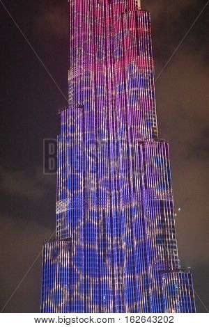 DUBAI, UAE - DEC 9: The LED lights show at Burj Khalifa in Dubai, UAE, as seen on Dec 9, 2016. The show titled Ascension, by London-based Yusuke Murakami and Tangent Design and Invention illuminated and animated the Burj Khalifa during Dubai Design Week.