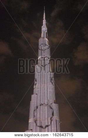 DUBAI, UAE - DEC 9: The LED lights show at Burj Khalifa in Dubai, UAE, as seen on Dec 9, 2016. The show titled Ascension, by London-based Yusuke Murakami and Tangent Design and Invention illuminated and animated the Burj Khalifa during Dubai Design Week.
