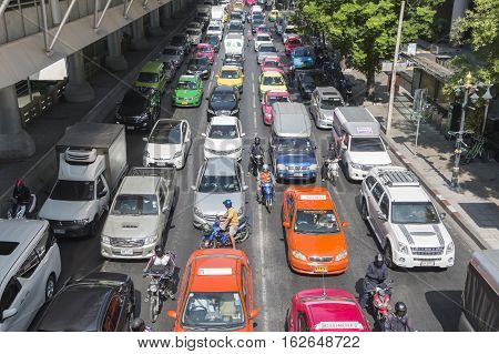 Bangkok Thailand - December 21 2015: Traffic jam sathorn junction in the morning as working hour sathorn business district is the center of bangkok.