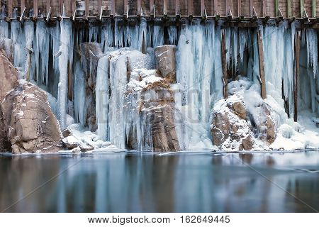 Old Logging Water Flumes With Icicles Forming From Leaks. Along The Truckee River Near The Californi