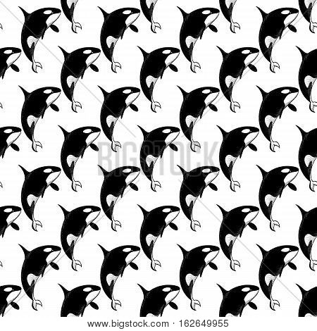 Grampus killer whale seamless pattern in doodle style on white background. Wild ocean animal wallpaper. Vector illustration for printing onto fabric.