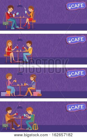 Couples of people in cafe eat, drink and use phone. Templates for flyers and banners. Vector Illustration with men and women at tables on violet background.