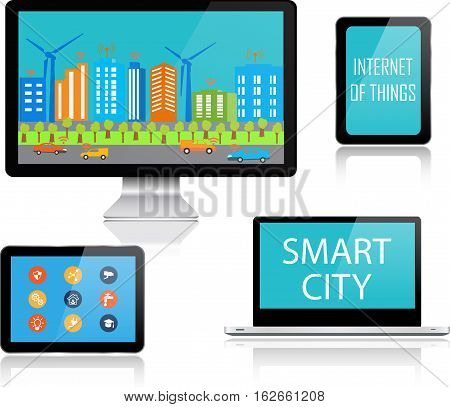 Realistic vector set of laptop smartphone and computer with internet of things and smart city Device mockup template.Vector Electronic Media Devices