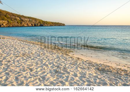 Sandy Beach Sunset In Curacao A Caribbean Island