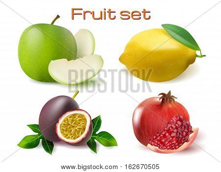 vector realistic 3d fruit set illustration. Passionfruit, pomegranate, lemon and apple image for banners, posters, advertisements, web design, caffees.