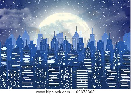Winter city silhouette with cloudy night sky, stars and full moon, falling snowflakes. Christmas and new year. vector illustration