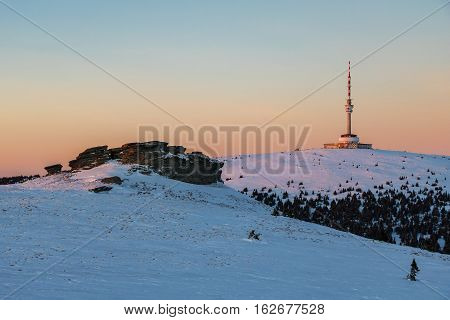 Peters stones and Praded hill with transmitter at sunset - Jeseniky hills Czech Republic Europe