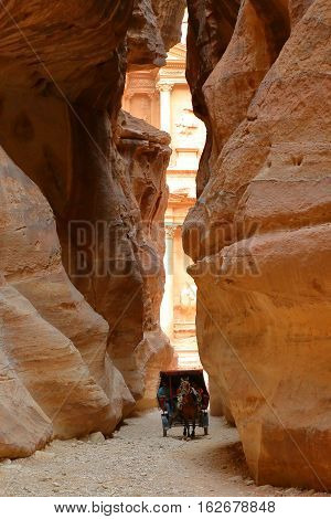 PETRA, JORDAN - MARCH 13, 2016: The Siq Canyon and The Treasury (Al Khazneh)