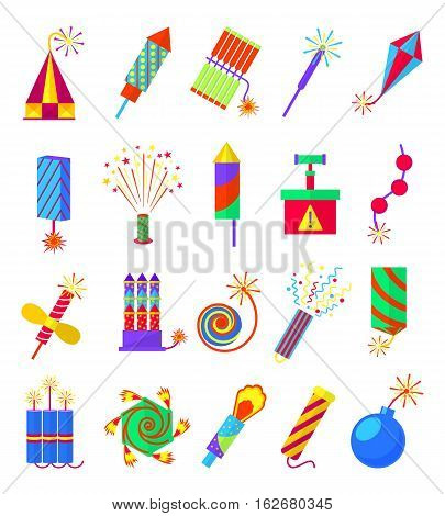 Pyrotechnics burning firework colored icons. Festival firecrackers and sparklers, crackers and petards isolated on white background. Skyrocket exploding, vector illustration