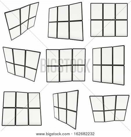 Blank Fold Up Banner Stands Set. Trade show booth white and blank. 3d render illustration isolated on white background. Template mockup for your design.