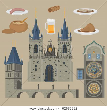 Prague town Czech Republic symbol and element. Church of Mother of God before Tyn Old Town Square in European city. Famous tourists travel popular routs food objects