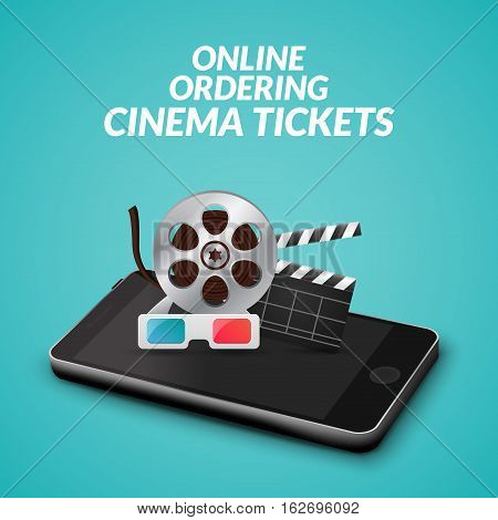 Cinema movie ticket online order concept. Mobile cinema smartphone app or web reservation. Vector illustration.