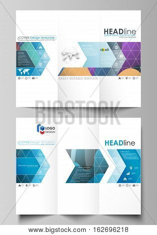 Tri-fold brochure business templates on both sides. Easy editable abstract layout in flat design, vector illustration. Bright color pattern, colorful design with overlapping shapes forming abstract beautiful background.