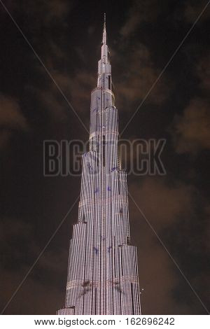 DUBAI, UAE - DEC 9: The LED lights show at Burj Khalifa in Dubai, UAE, as seen on Dec 9, 2016. The show titled Ascension was created by London-based Yusuke Murakami and Tangent Design and Invention.