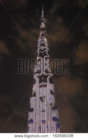 DUBAI, UAE - DEC 9: The LED lights show at Burj Khalifa in Dubai, UAE, as seen on Dec 9, 2016. The show titled Ascension was created by London-based Yusuke Murakami and Tangent Design and Invention.
